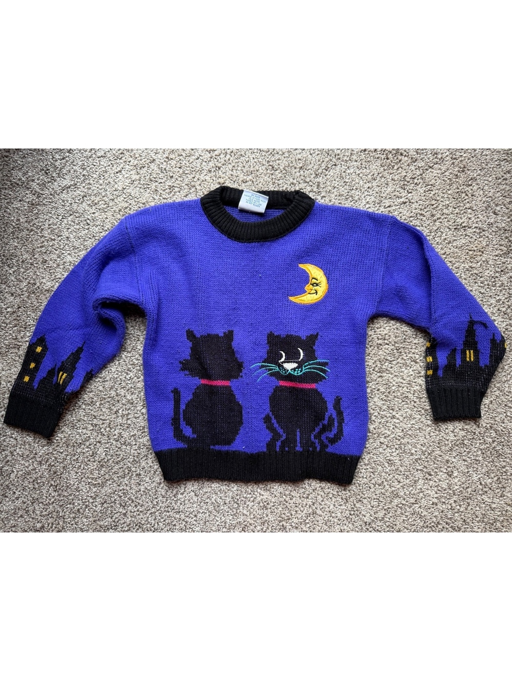 Vintage 90s Little Funky kids purple black cat Halloween sweater